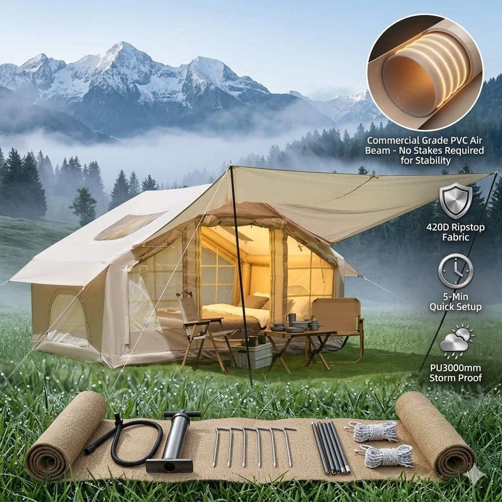 68ft² Inflatable Glamping Tent 4-6 Person 420D Oxford Waterproof Air Tent Canopy