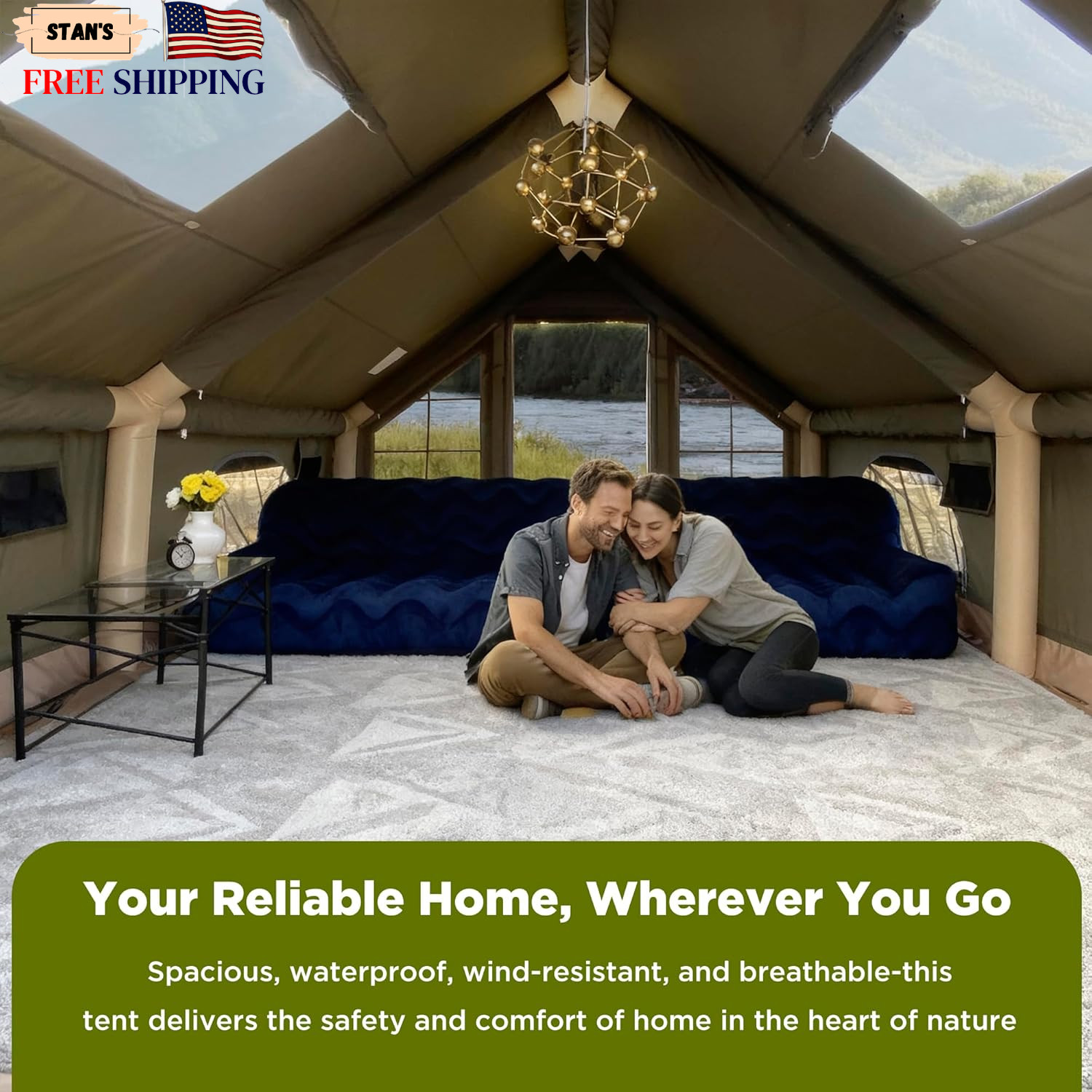 Luxury Large Inflatable Tent with Stove Jack & AC Port 4-12 Person 4 Season Glam