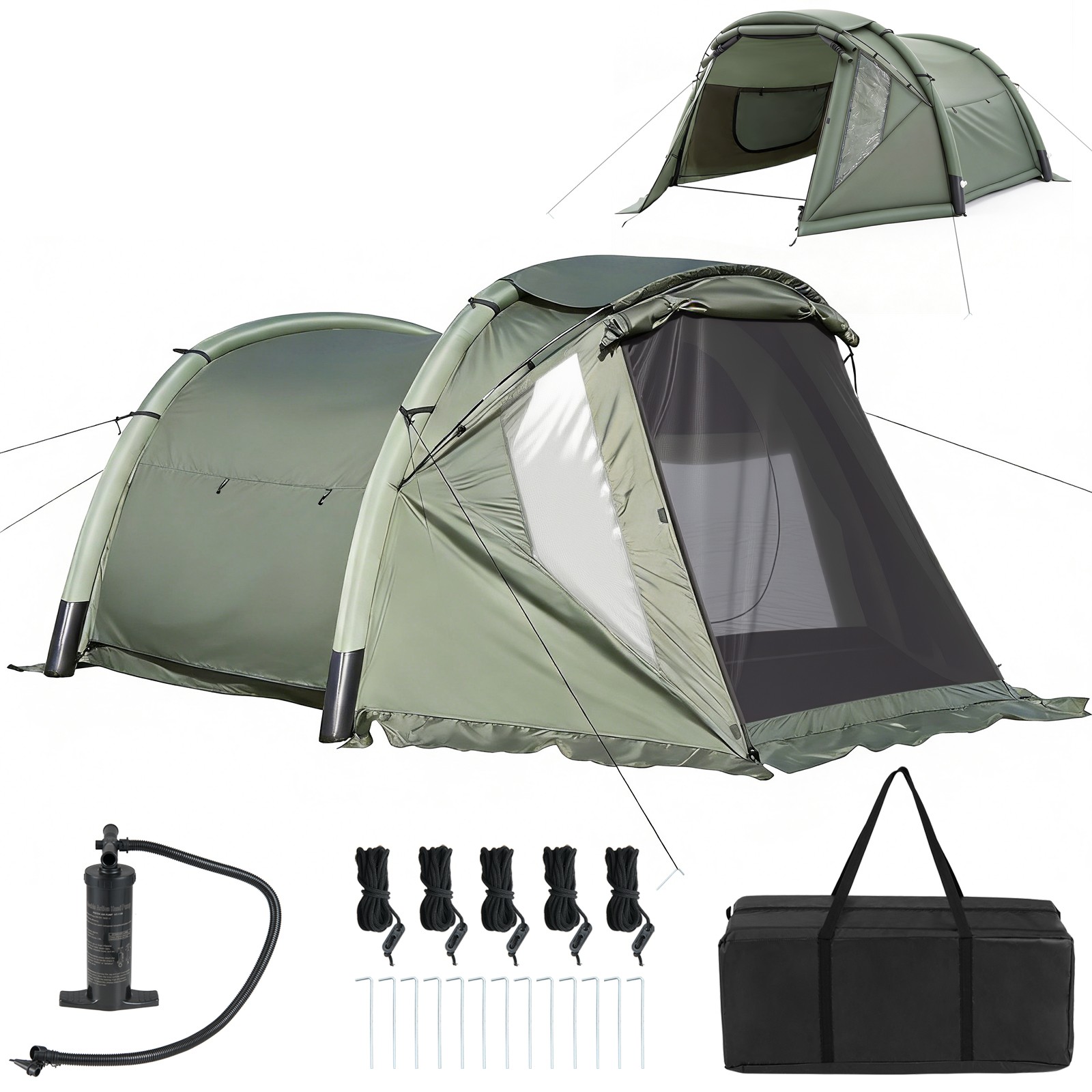 Inflatable Camping Tent w/ Screened Porch, Mesh & Transparent Windows, Door