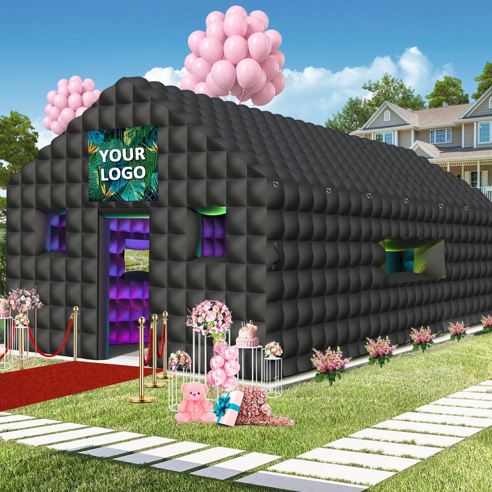 Inflatable Nightclub 20×16.8×12 Ft, Large Black Inflatable Club Tent with 2 D…