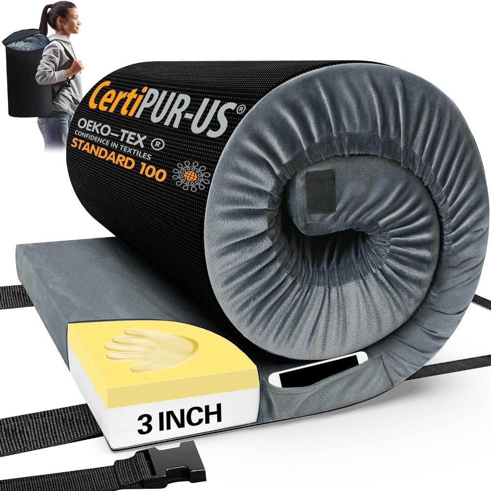 Memory Foam Camping Mattress Pad, CertiPUR-US, Portable Roll Up with Bag.