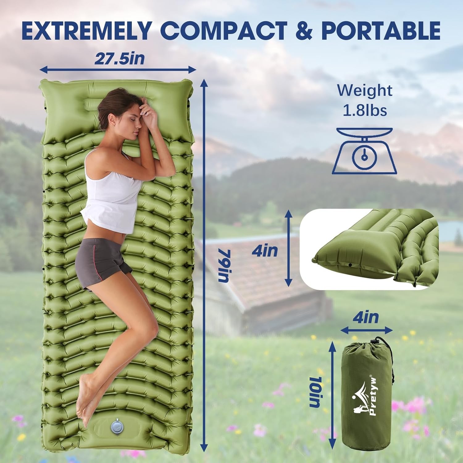 Ultralight Camping Sleeping Pad with Pillow and Pump.