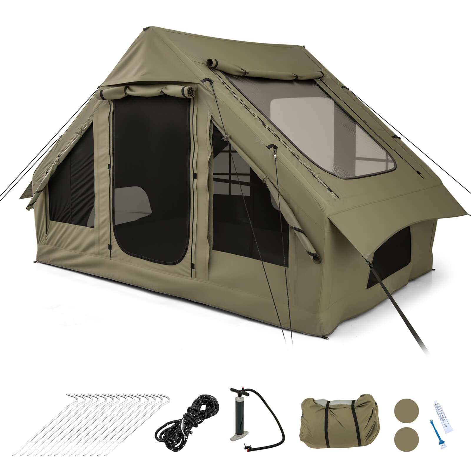4-6 People Inflatable Tent w/4 Mesh Screen Windows 2 Doors Skylight Carrying Bag