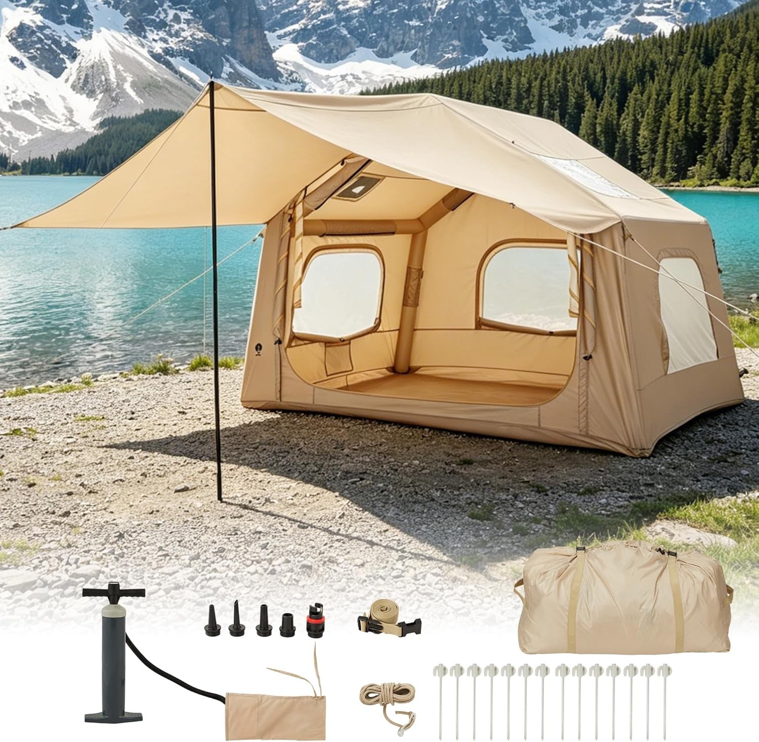 2-6 Person Inflatable Tent 210D Oxford Skylight Stove Jack 4 Season Camp Shelter