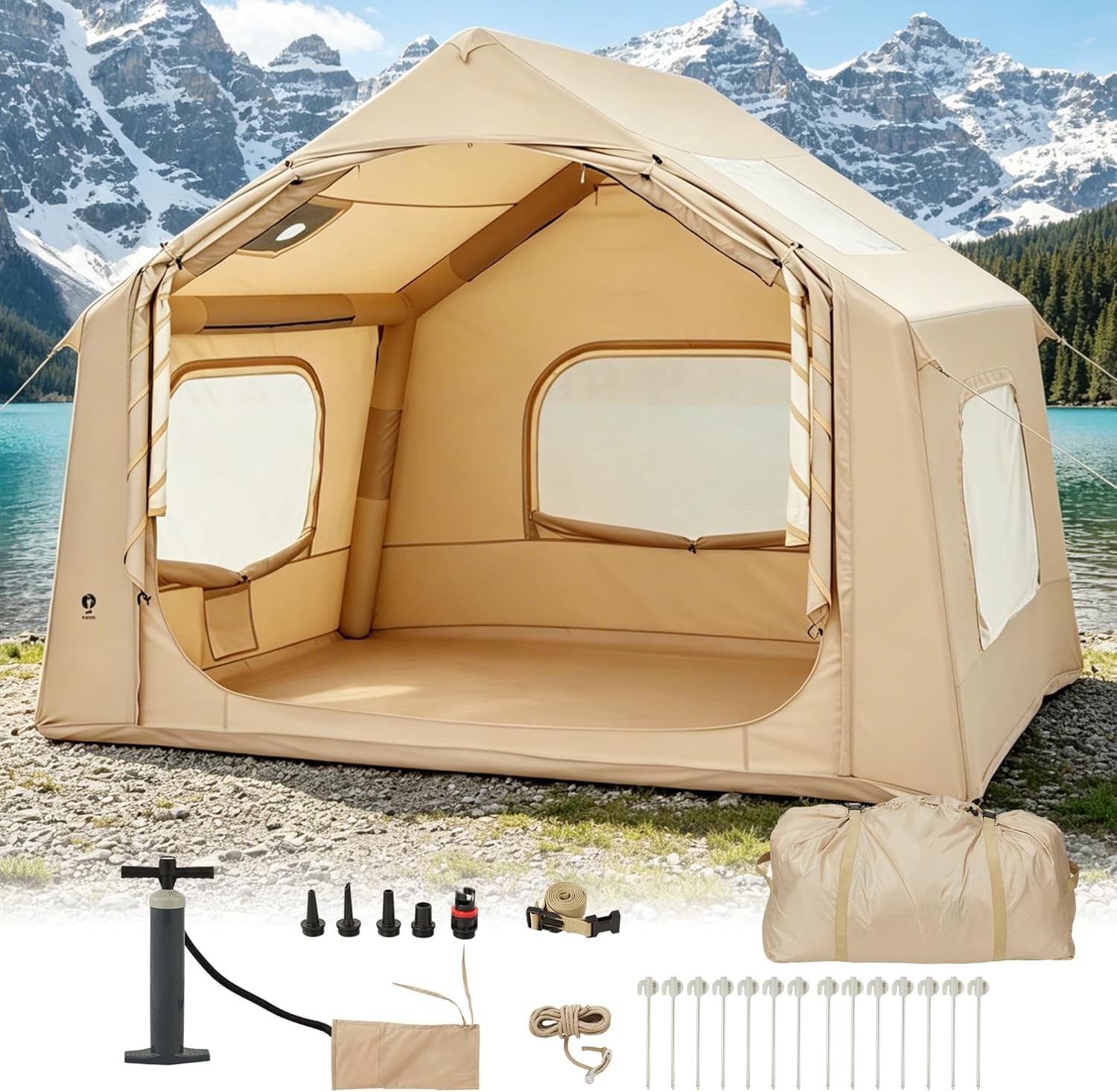 3-5 Person Inflatable Tent 210D Oxford Skylight Stove Jack 4 Season Camping