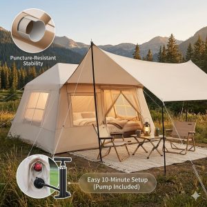 62ft² Inflatable Camping Tent 4-Season Glamping Waterproof Windproof Cotton Tarp.