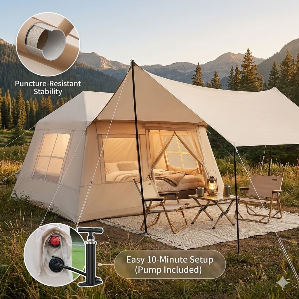 62ft² Inflatable Camping Tent 4-Season Glamping Waterproof Windproof Cotton Tarp
