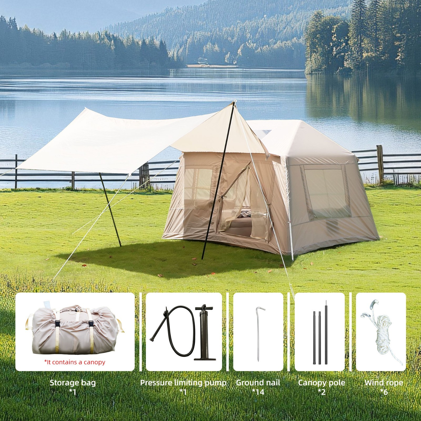 5.72m² Inflatable Camping Tent, Easy Setup 4 Season Windproof Glamping Tent