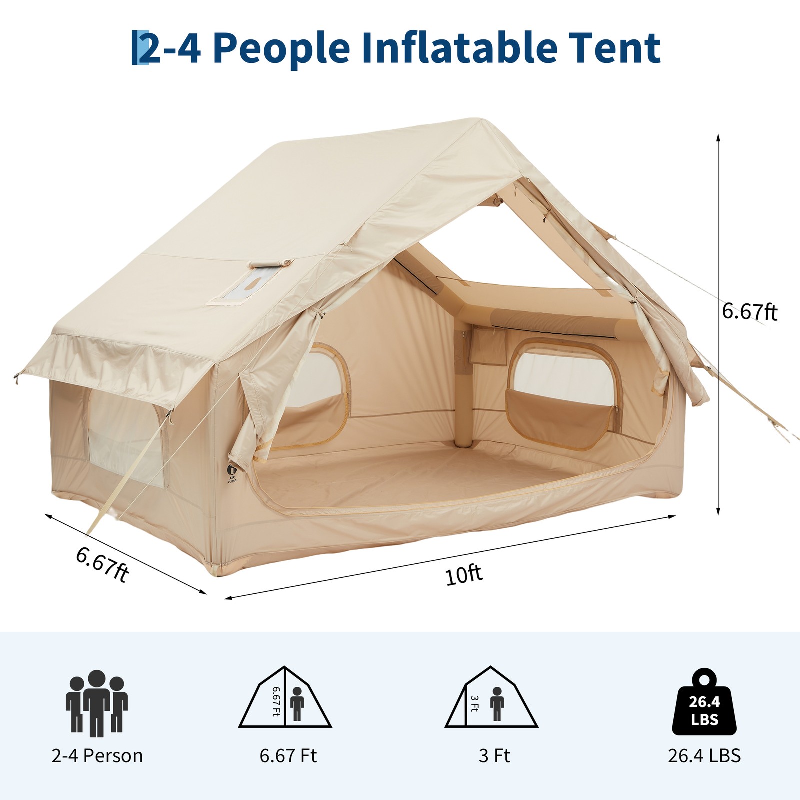 Inflatable Camping Tent for 2-6 Person, Quick Setup Blow Up Tent with Hand Pump