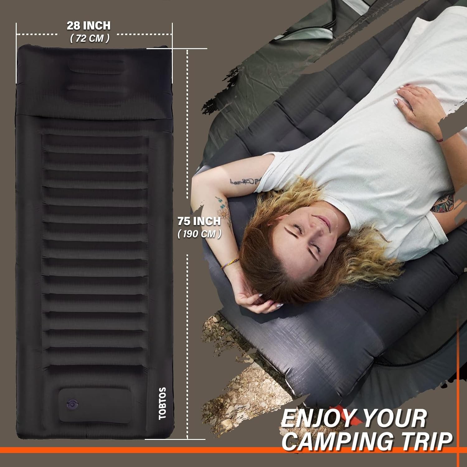 TOBTOS Inflatable Camping Pillow Thick 6 Inch Ultralight Sleeping Pad LG70.