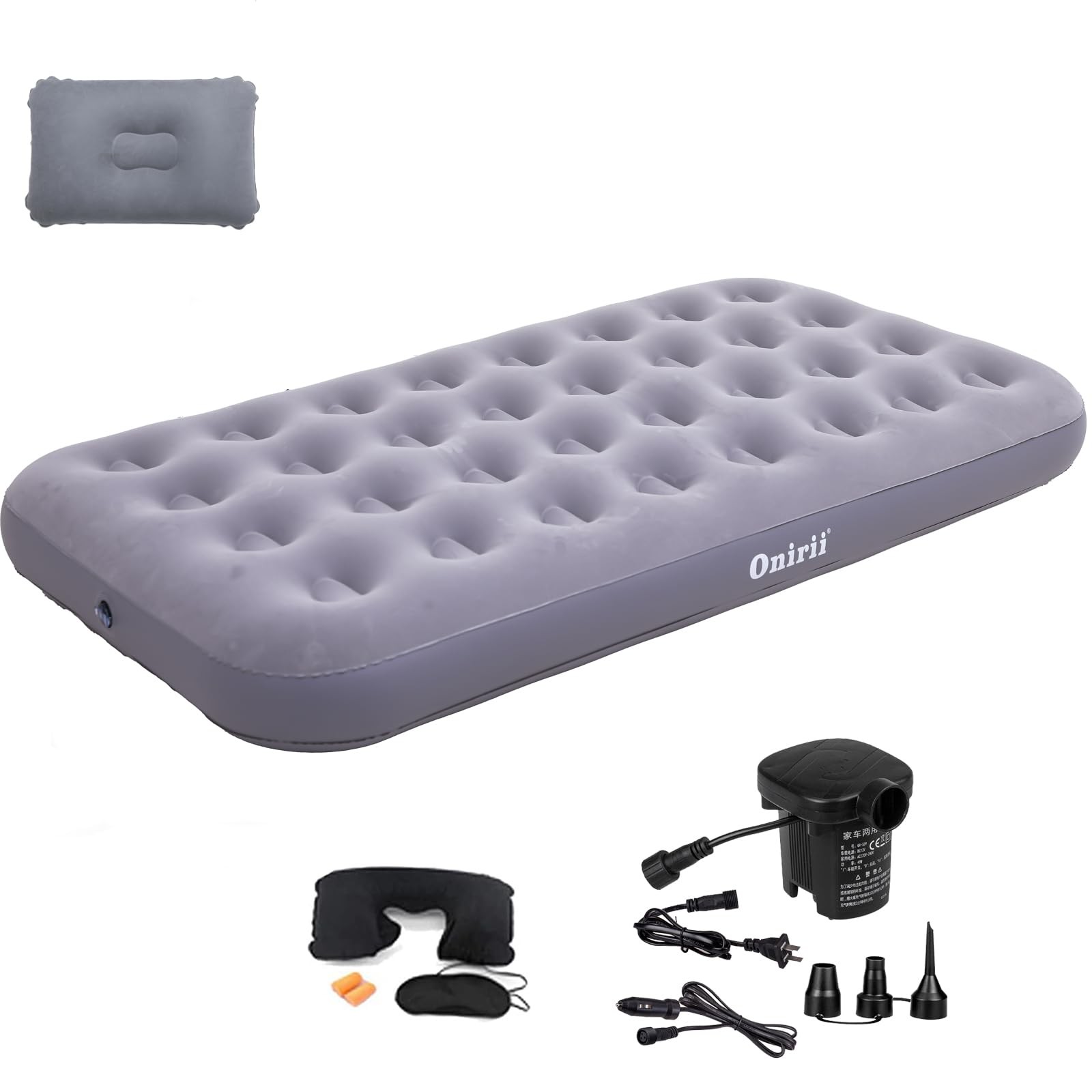 Twin Size Camping Air Mattress with Air Pump Inflatable Bed Grey Travel Pad