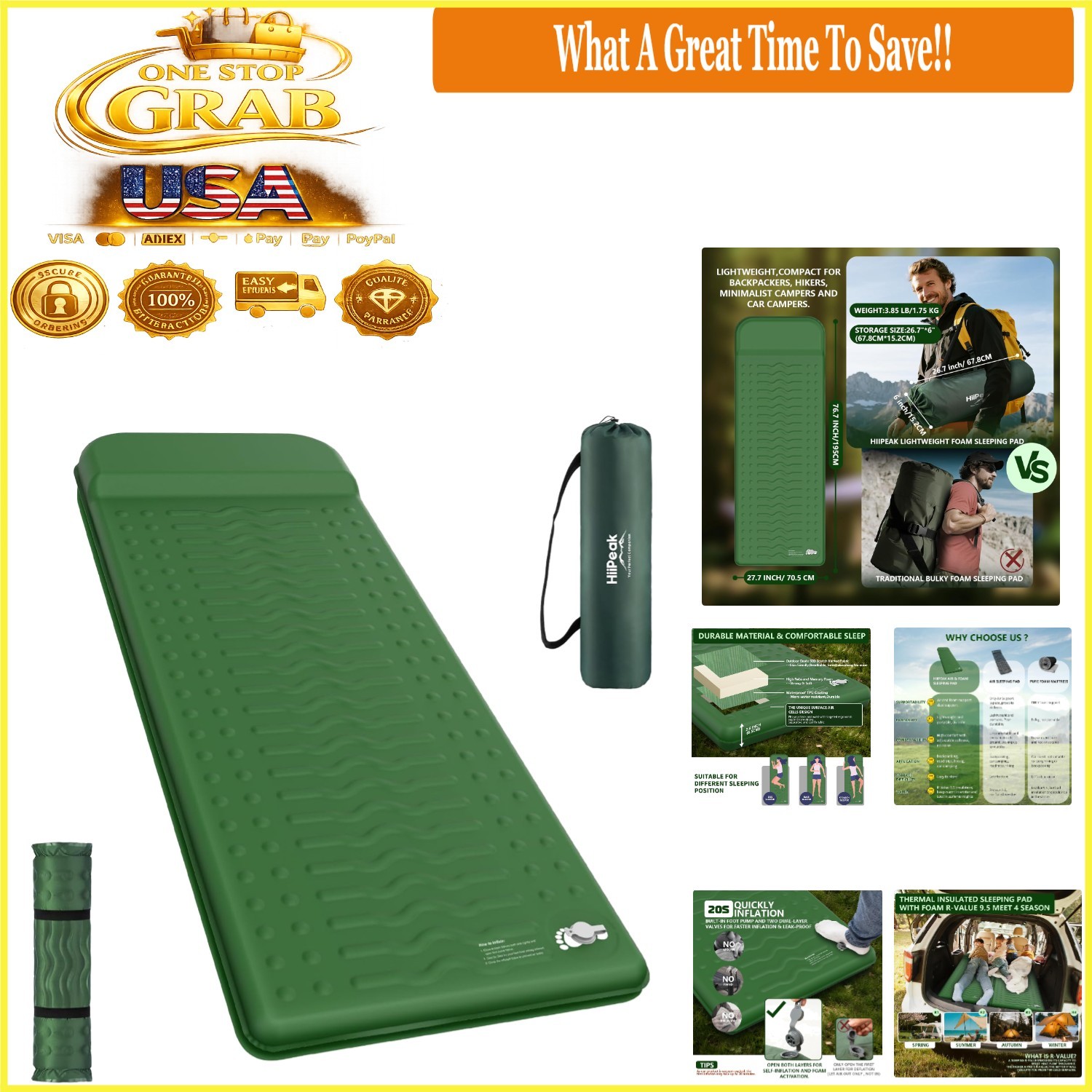 Memory Foam Sleeping Pad with Built-in Pump 9.5 R-Value Compact Camping Mat G…