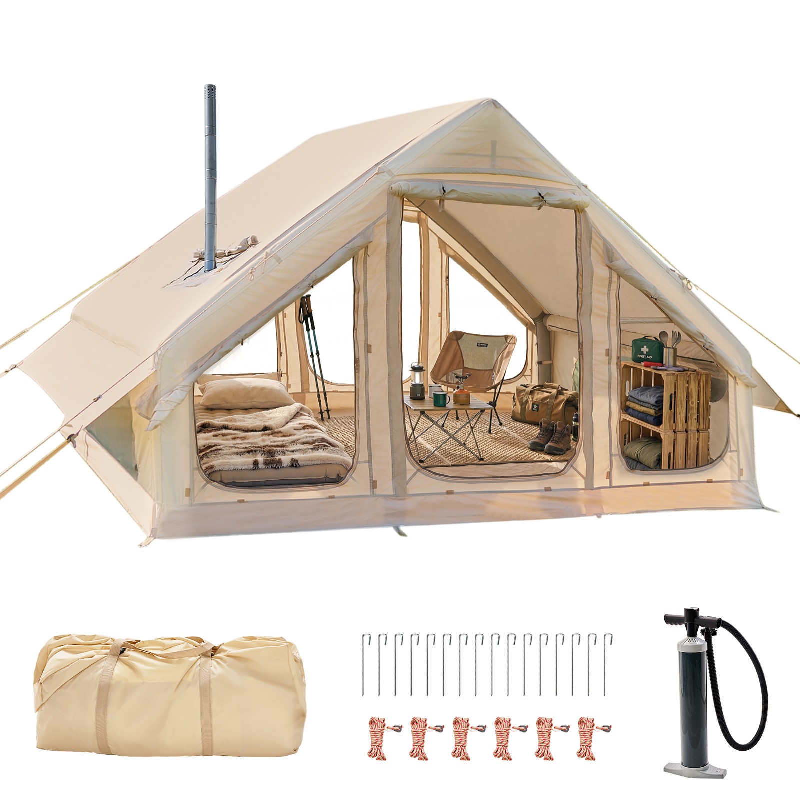 Portable Inflatable Camping Tent 6 Person Waterproof w/ Stove Jack Window