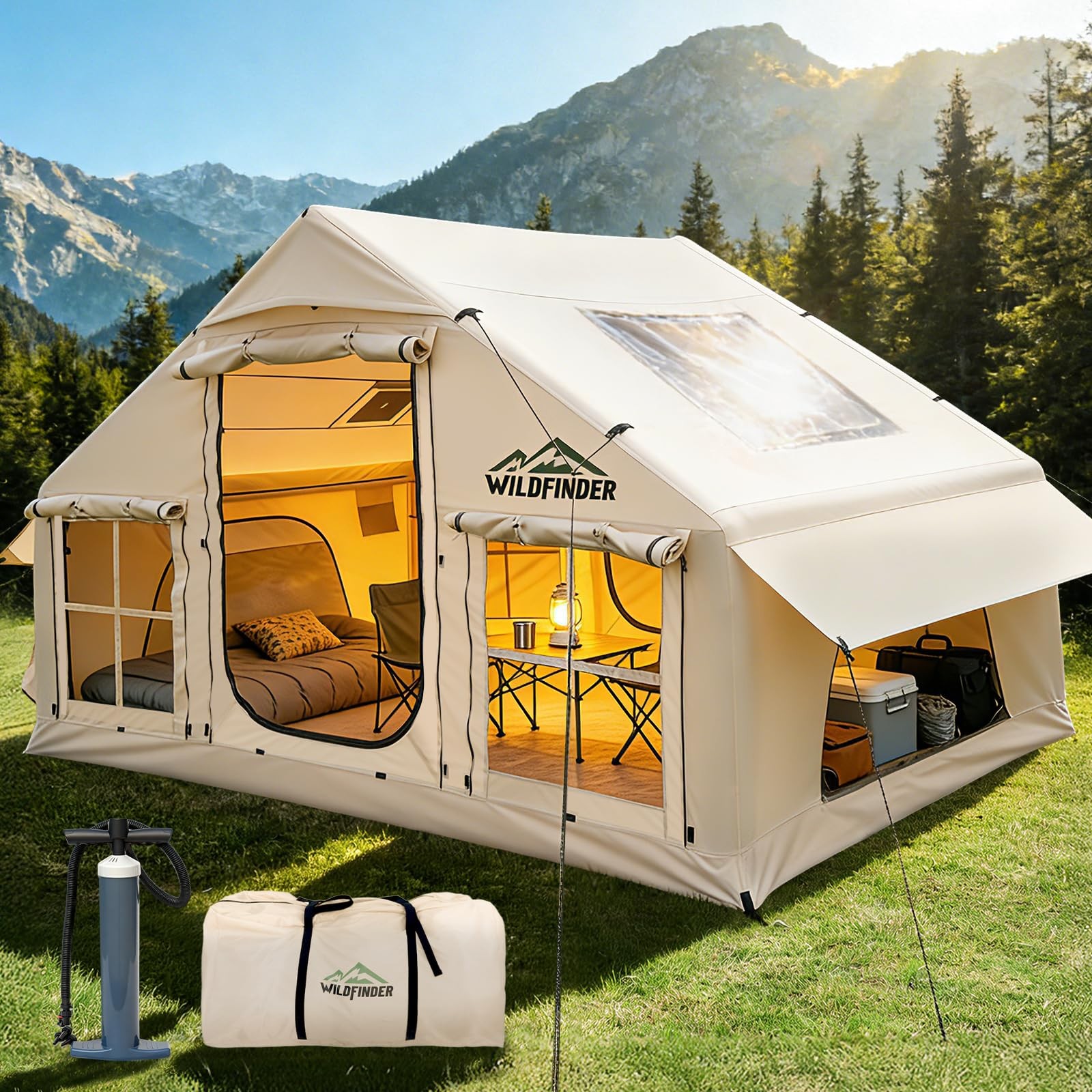 Inflatable Tent with Skylight, Quick Setup Blow Up Tents 4-6p, Off White