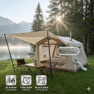 2026 Inflatable Glamping Tent w/ Awning AC & Stove Port 4-Season Air Tent 86ft².