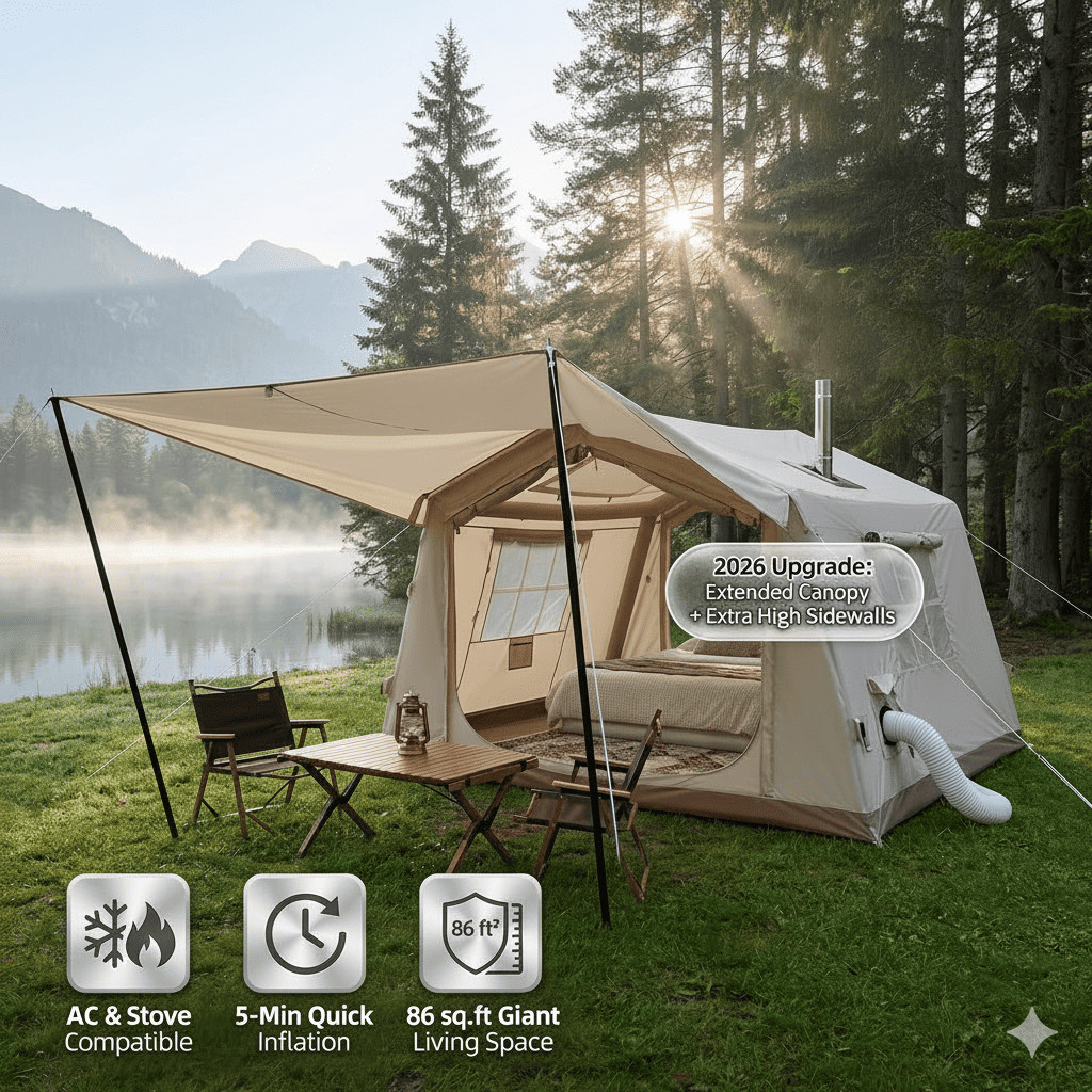 2026 Inflatable Glamping Tent w/ Awning AC & Stove Port 4-Season Air Tent 86ft²