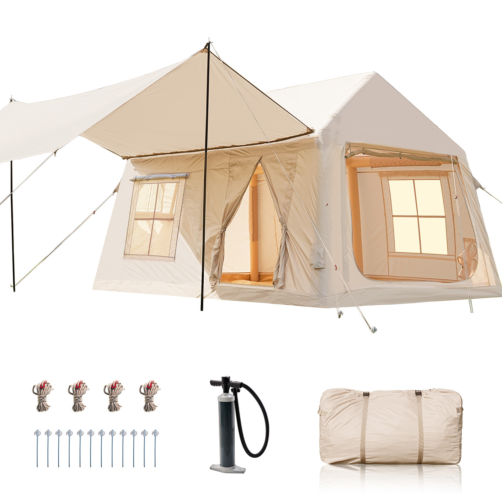 2 Room Inflatable Tents for Camping Blow Up Tent with Canopy & Pump for 8 Person.