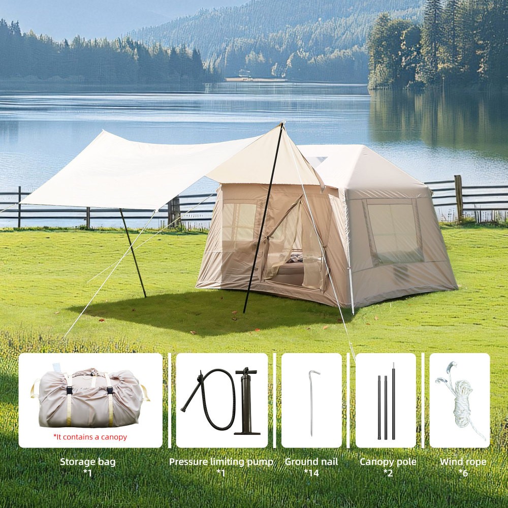 5.72m² Inflatable Tent, 4 Season Windproof w/ Mesh Windows & Pump, Strong Cotton.